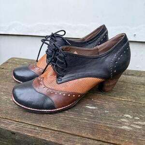 L'Artiste Spring Step Bardot derby Oxford leather colorblock heel 40 brown black